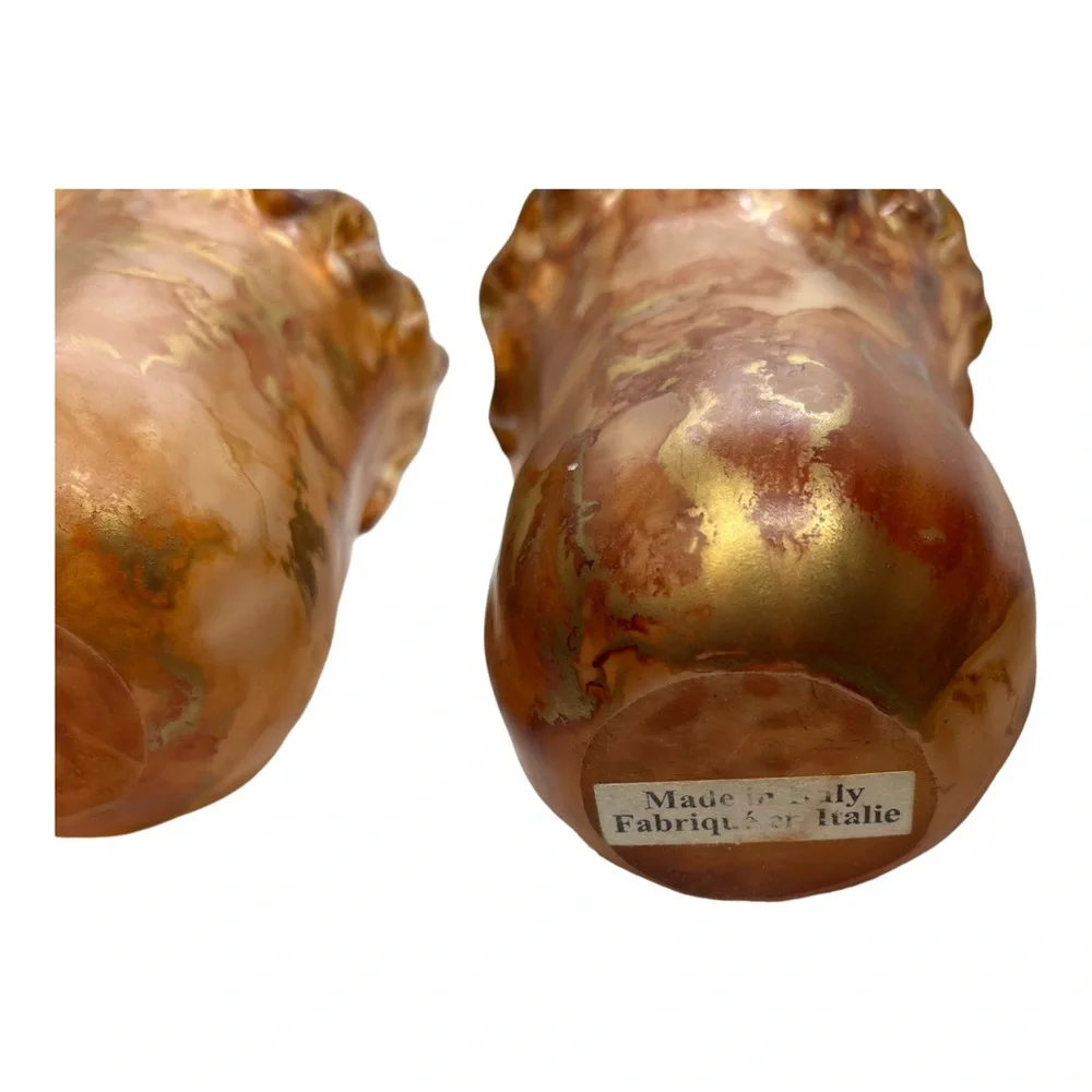 MCM Italian Swung Glass Candle Holders Amber with Metallic Swirls